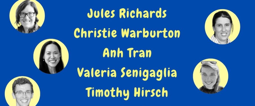 Blue background with yellow circles showcasing black-and-white portraits of five people. Names in vivid yellow: Jules Richards, Christie Warburton, Anh Tran, Valeria Senigaglia, Timothy Hirsch. Get ready for the Future Science Talks: Comedy Edition at the Brisbane Comedy Festival 2025!.