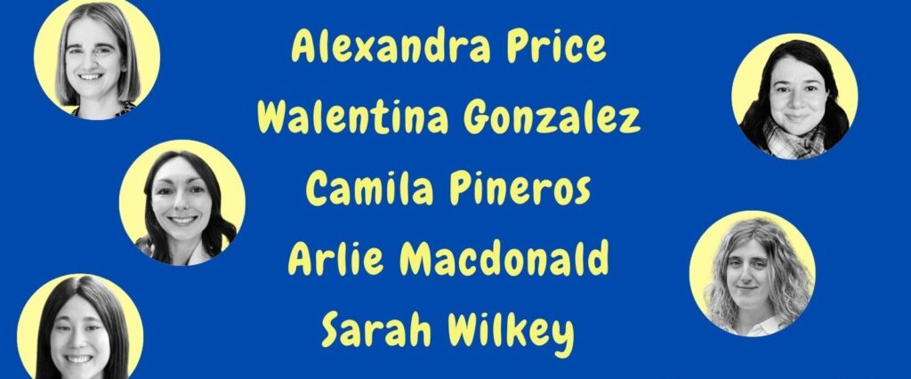 Blue background with five circular headshots of women around the text Alexandra Price, Valentina Gonzalez, Camila Pineros, Arlie Macdonald, Sarah Wilkey in yellow. Each woman has a yellow halo effect around her image—perfect for the Future Science Talks: Comedy Edition at Brisbane Comedy Festival 2025.